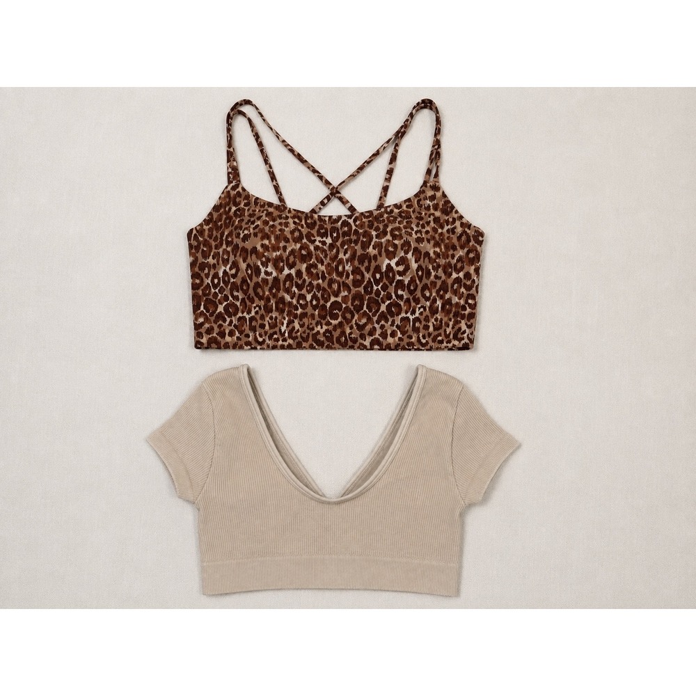 Aerie OFFLINE Leopard Sports Bra and Beige Ribbed V-Neck Crop Top Set Small